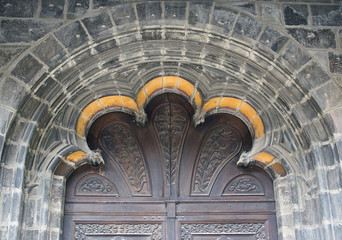 Front door of the Cathedral in Art Deco style in Brasov, Romania