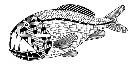 saber-toothed, monster, fish in zenart style, black and white drawing