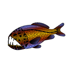 saber-toothed, monster, fish in zenart style, color drawing