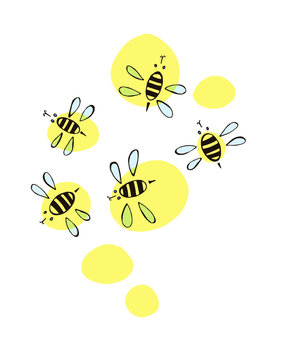 trendy vector handmade picture. illustration with
bees fly  and wave wings on a yellow background