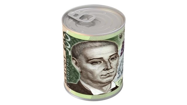 Financial reserve in Ukrainian currency. Tin can with a label in the form of a banknote of 500 Ukrainian hryvnia. Cash reserve funds. Footage video