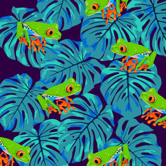 Bright green frogs on the blue leaves of the monstera. Tropic bright pattern. Summer mood. Pattern from the inhabitants of the jungle.