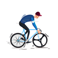 Man on an unusual sports bike in a cap. Sports mood. Cyclist in motion on a white background in cartoon style. Road adventures. Sport for everyone.There is a place for inscription