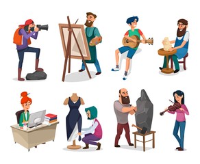 Set of creative people and interesting professions vector illustration. Office clerk painter pottery guitarist photographer violinist and seamstress flat style. Isolated on white background