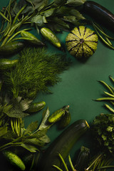Świeże zielone warzywa i zioła - cukinia dynia ogórki koperek pietruszka lubczyk fasolka szparagowa na zielonym jednolitym tle - obrazy, fototapety, plakaty