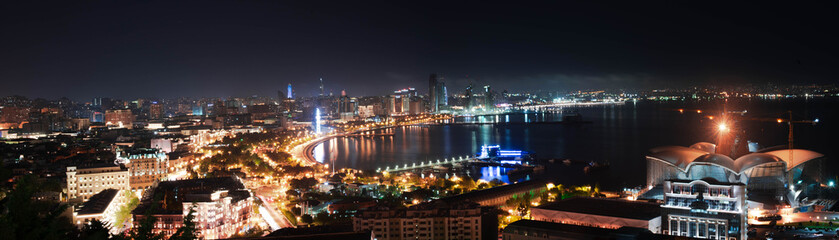 evening panorama of Baku city, coast and promenade