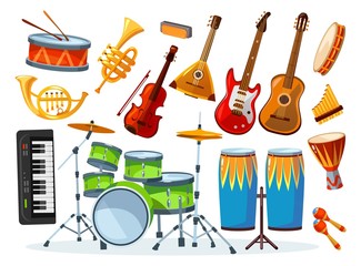 Obraz premium Set of different colourful musical instrument vector illustration. Equipment for talented musician flat style. Guitar piano drums. Music and hobby concept. Isolated on white background