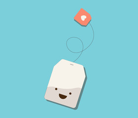 Cute cartoon tea bag. Cute isolated vector illustration of smiling tea bag character. Funny  tea bag character with eyes and smile.