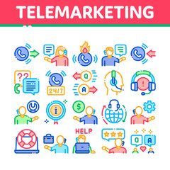 Telemarketing Sale Collection Icons Set Vector. Telemarketing Help And Information Research, Calling Operator And Customer Concept Linear Pictograms. Color Illustrations