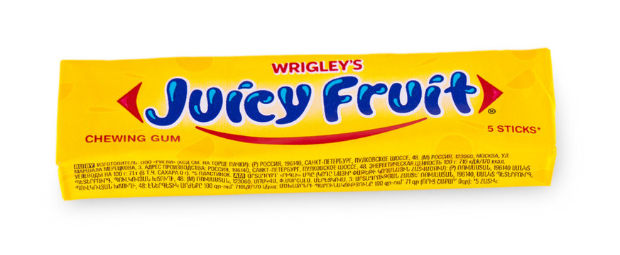 Wrigley's Juicy Fruit chewing gum 5 sticks isolated on white background with clipping path