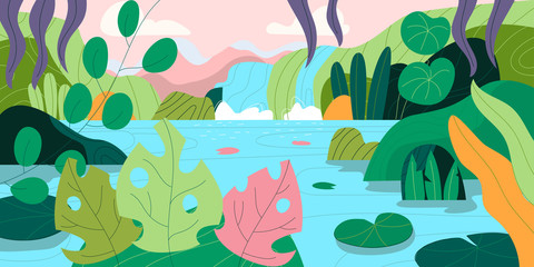 Beautiful exotic landscape with waterfall. Flat vector illustration.