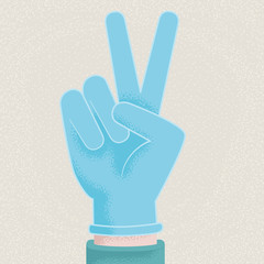 Victory gesture made by hand. A hand, protected with a glove, makes the gesture of victory. A symbol of hope in the fight against the coronavirus. Vector drawing with grain and noise texture.