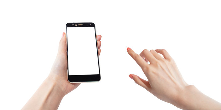 スマホを持つ女性の手と操作する手の素材（色白女性）