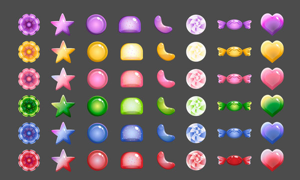 Vector sweet jelly candies, different shapes. Cartoon elements for match-3 games isolated on dark background