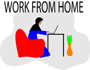 Simple vector of a Muslim Woman working from home with wordings "Work from home". Covid-19 related issue.