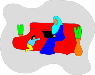 Vector illustration of muslim woman working from home with a child by her side. Covid-19 and lockdown related issue.
