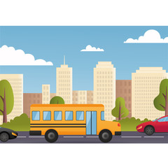 Fototapeta na wymiar Cars Driving City Street Panorama Urban Road Flat Vector. Car traffic jam vector Illustration