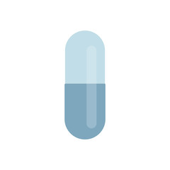 Blue capsule pill on isolated white background. Flat design flat style website design, logo. Health concept of pain relief treatment medication and supplement pain. Vector stock illustration.