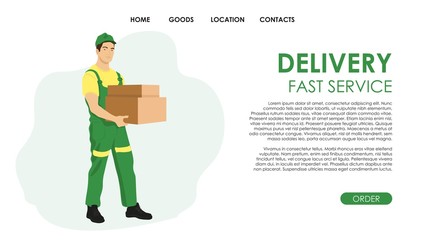 A courier in a green and yellow uniform. He holds cardboard boxes in his hands. Delivery of parcels, items, and cargo. Template for website, landing Radiatorny graphics. Flat.