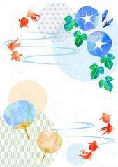 Japanese stlye frame with goldfish, fan and morning glory