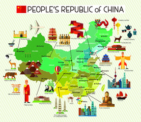 Map of China and Travel Icons.China Travel Map. Vector Illustration.