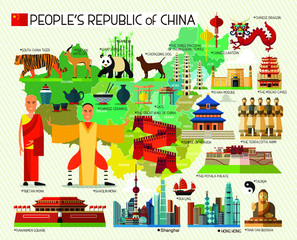 Map of China and Travel Icons.China Travel Map. Vector Illustration.