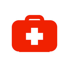 Obraz premium Red doctor's first aid kit with white cross isolated on a white background. Flat style website design, logo. The concept of health care and medical diagnosis. Flat design. Vector stock illustration.