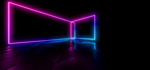 Colored luminous geometric shape on a black background. Blurred reflection on the floor. 3d rendering image.