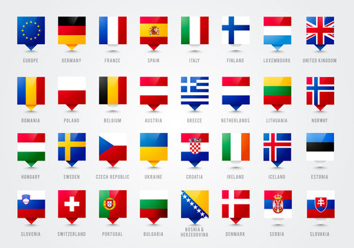 Vector Illustration European Countries Tooltip. Pointer With Flag Of Europe 