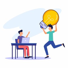 The young man holds a big light bulb and goes with the team. Start and look for investment concepts. Business angels invest for innovation ideas. Vector illustration.