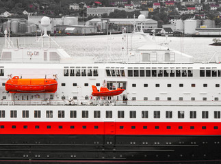 Famous Norwegian Hurtigruten on classic post ship or cruiseship or cruise ship liner MS Nordnorge...
