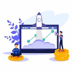 Vector illustration of a rocket icon gliding on a large laptop background. Increased company and individual business income.