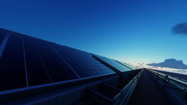 Time Lapse Video of Solar Panels During Dawn 3D Rendering