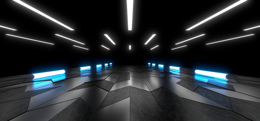 Colored luminous geometric shape on a black background. Blurred reflection on the floor. 3d rendering image.