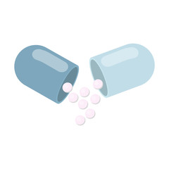 Blue open capsule poured granules on an isolated white background. Flat design website, logo. Health concept of pain medication pain treatment and pain supplement. Vector stock illustration.