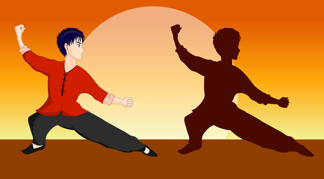 Character In Kung Fu Pose with Silhouette and Sunset Background Vector Illustration, Editable EPS