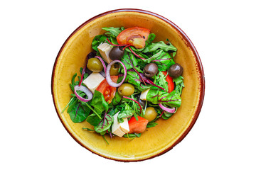 healthy salad
olives, lettuce, tomato and cheese
feta (greek salad, tasty vegetables snack) menu concept background. top view. copy space for text