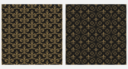 Background pattern vintage wallpaper, gold on black, seamless pattern.