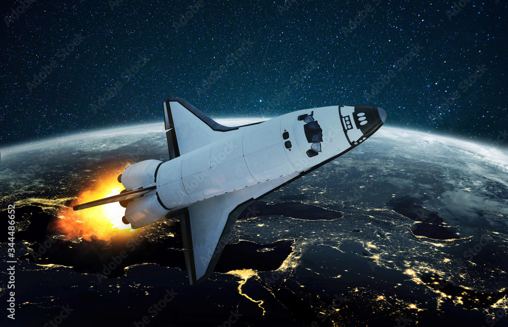 Poster space shuttle fulfills a mission in outer space. rocket flies on a starry background