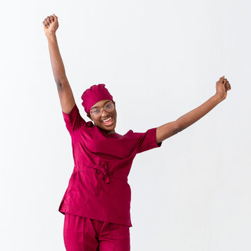 Black Woman Medic Cheering With Hands In The Air