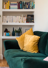 Cozy living room sofa and bookcase