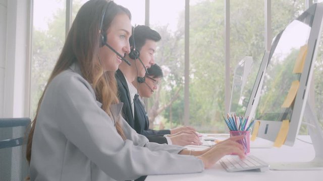 Customer service with friendly, man and woman call center and operator for support client, group of business team with assistance and consultant, adviser helpdesk and contact, communication concept.