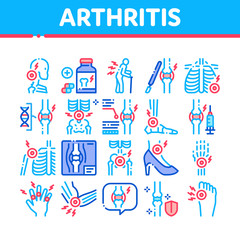 Arthritis Disease Collection Icons Set Vector. Arthritis Symptoms And Treatments, Pain In Joints And Back, Neck And Knee, Fingers And Ribs Concept Linear Pictograms. Color Illustrations