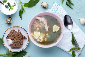 Green sorrel soup - soup made from broth, sorrel leaves, spinach, nettle, eggs (hard boiled), potatoes, carrots, parsley root. Polish, Ukrainian, Belarusian, Russian, Jewish dish.