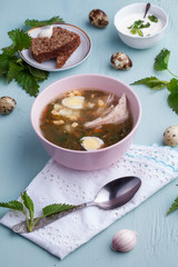 Green sorrel soup - soup made from broth, sorrel leaves, spinach, nettle, eggs (hard boiled), potatoes, carrots, parsley root. Polish, Ukrainian, Belarusian, Russian, Jewish dish.