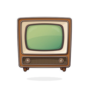 recommend clip art: Vector illustration. Analogue retro TV with wooden body, signal and channel selector. Vintage television box for video translation. Outline clip art for graphic design. Isolated on white background