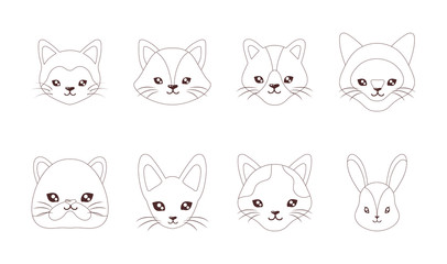 set of heads of cats and dogs , line style icon