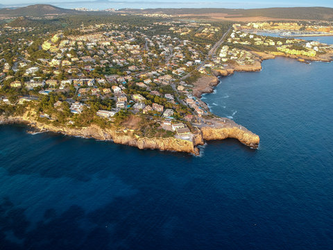 drone picture of amazing tourist destination in mallorca, malgrats during sunset.