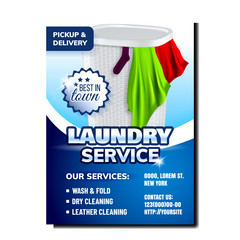 Laundry Washing Service Advertise Poster Vector. Laundry Basket Filled Dirty Textile Clothes On Promotional Banner. Plastic Container For Storaging Fabric Clothing. Template Illustration