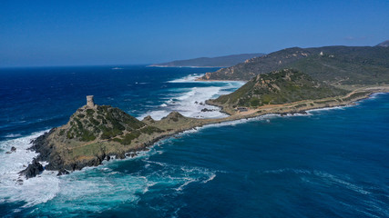 amazing tourist destination, drone flight above Torre de la parata in Ajaccio/Corse